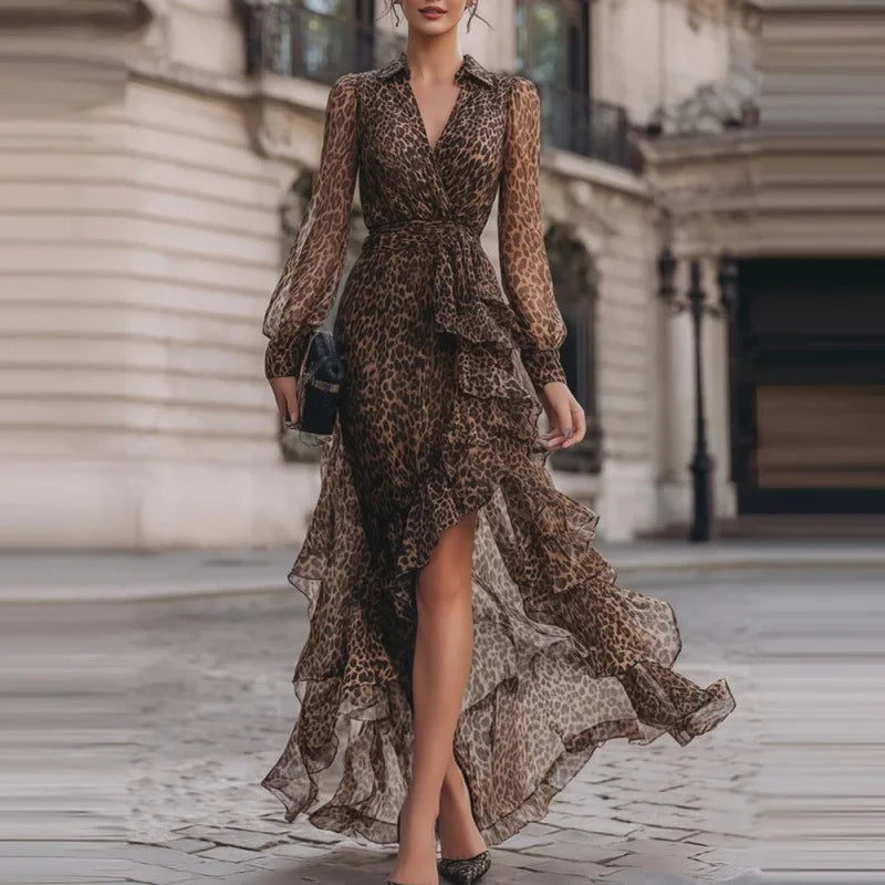 DUNIA | Vestido Largo de Leopardo con Volantes y Manga Larga