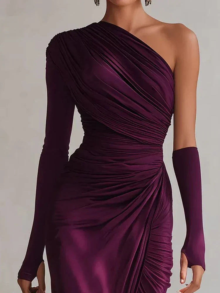 ENEDINA | Vestido Largo Asimétrico Drapeado con Manga Larga