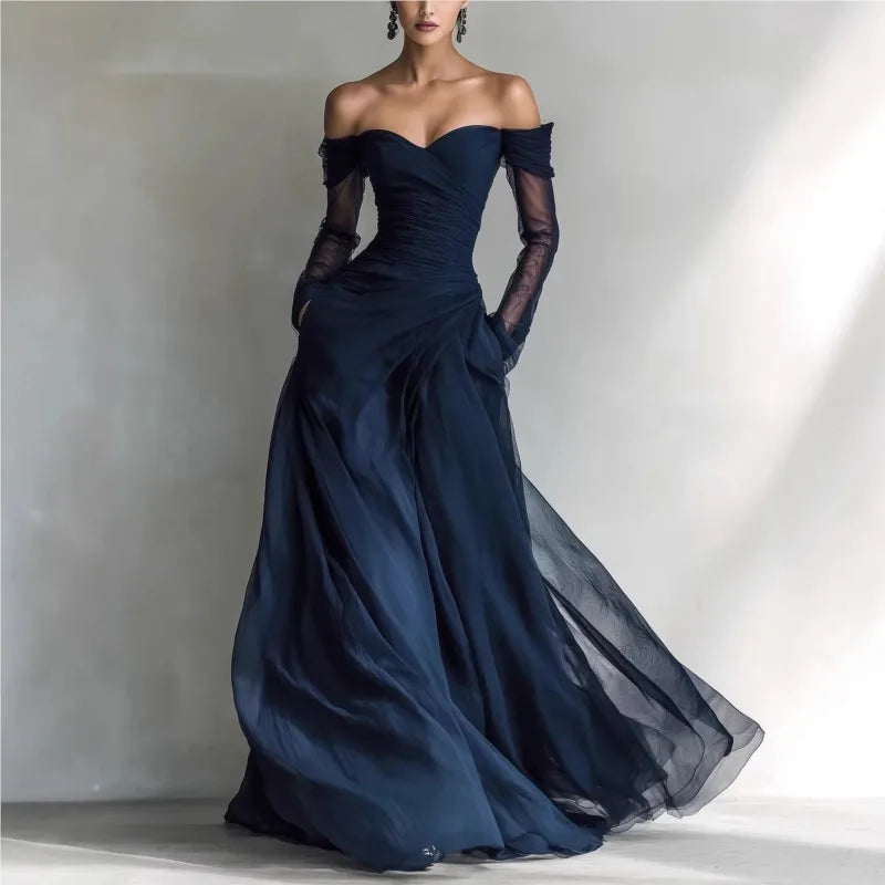 CELESTE | Vestido Largo de Hombros Descubiertos de Tul Azul Noche
