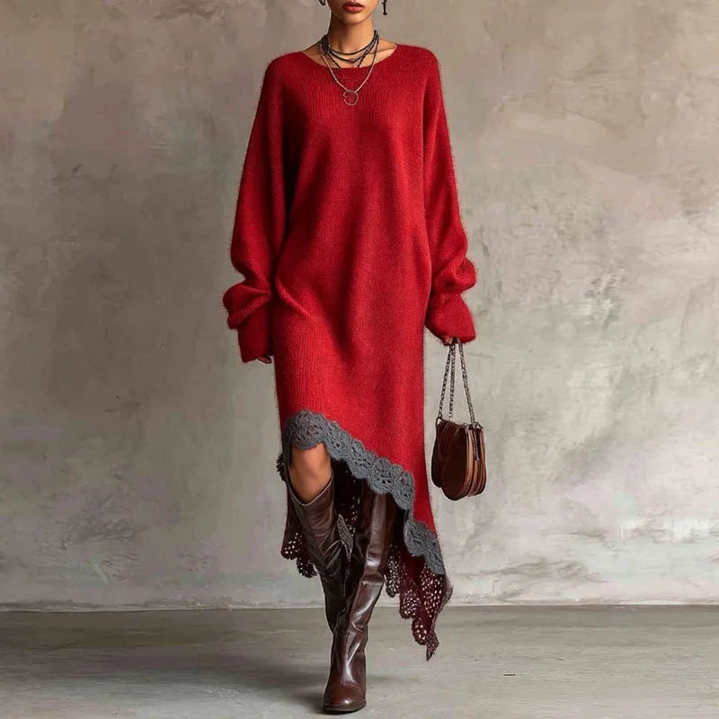 ROMANA | Vestido Largo de Punto con Mangas Abullonadas y Bajo Asimétrico de Encaje