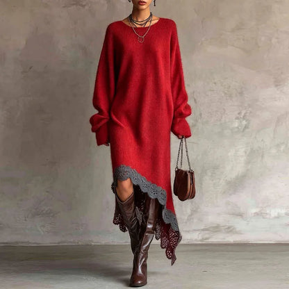 ROMANA | Vestido Largo de Punto con Mangas Abullonadas y Bajo Asimétrico de Encaje