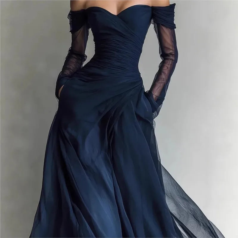 CELESTE | Vestido Largo de Hombros Descubiertos de Tul Azul Noche