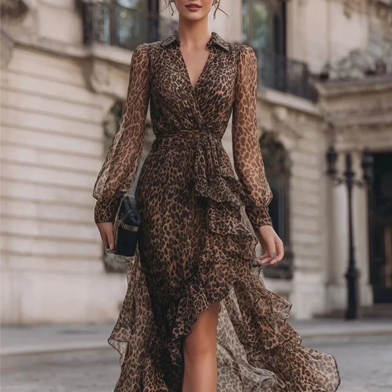 DUNIA | Vestido Largo de Leopardo con Volantes y Manga Larga