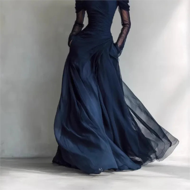 CELESTE | Vestido Largo de Hombros Descubiertos de Tul Azul Noche