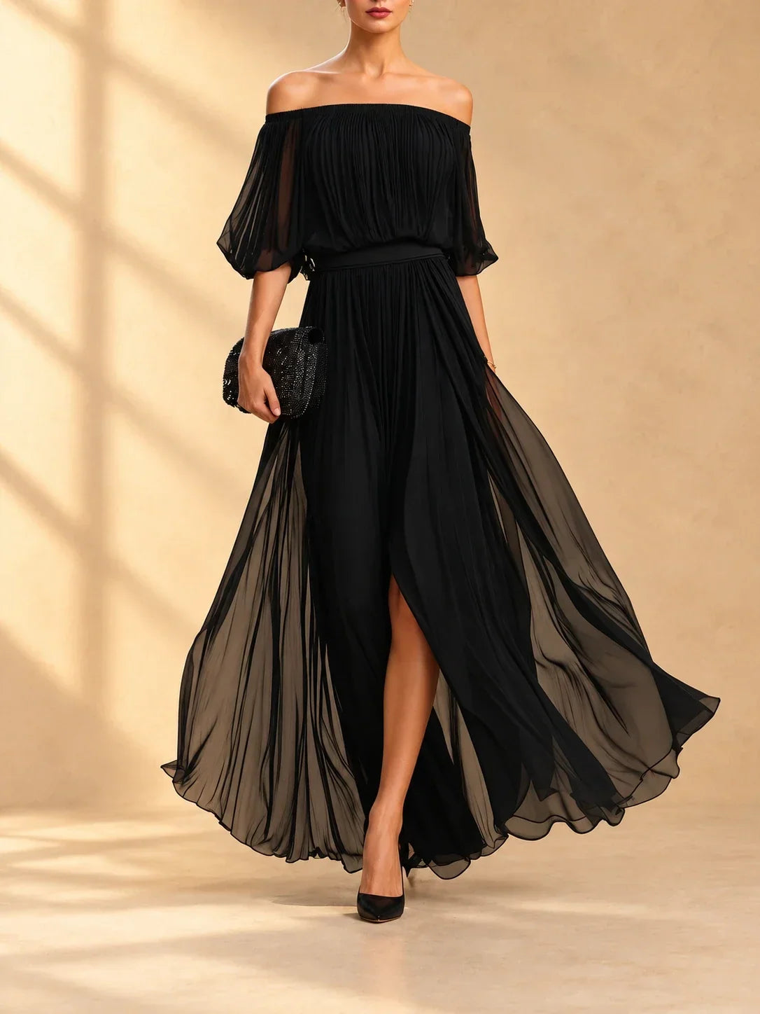 AINOA | Vestido Largo de Gasa con Hombros Descubiertos