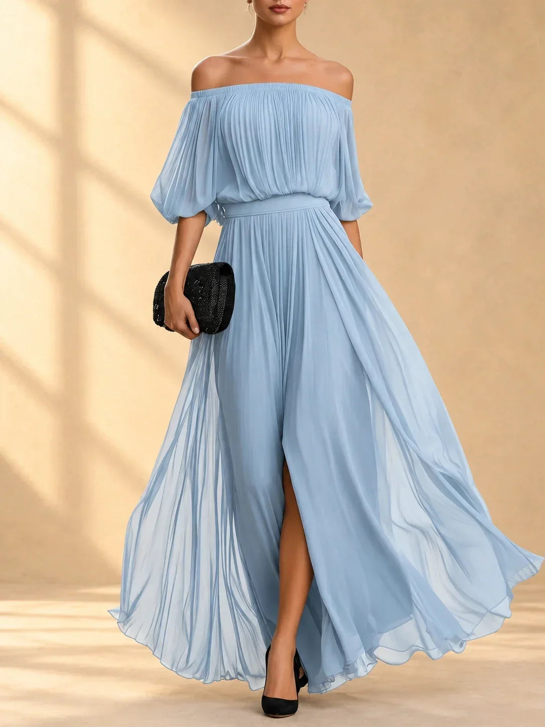 AINOA | Vestido Largo de Gasa con Hombros Descubiertos
