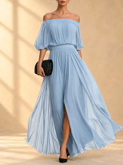 AINOA | Vestido Largo de Gasa con Hombros Descubiertos