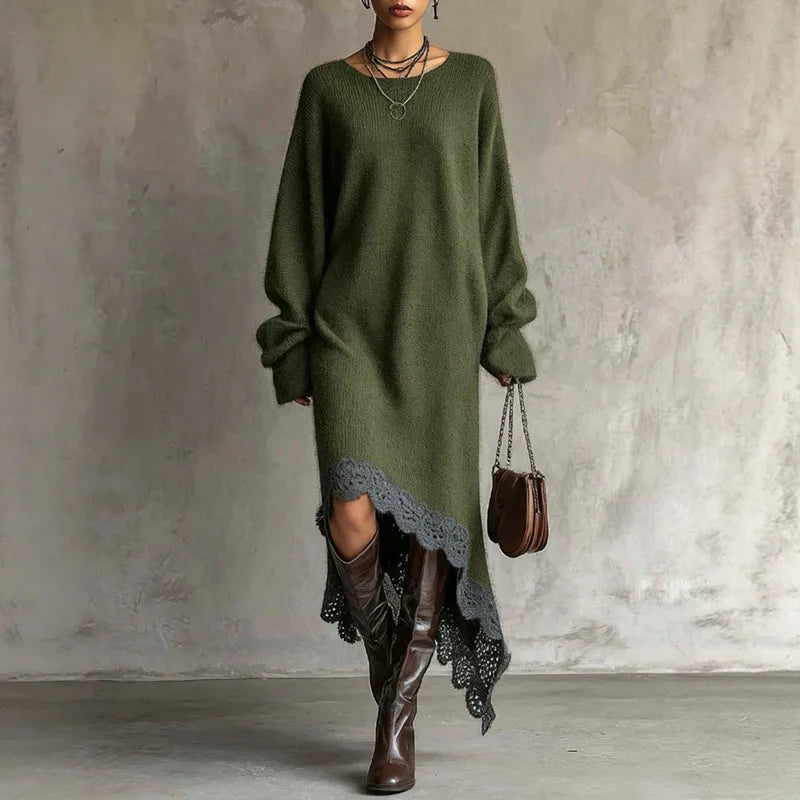 ROMANA | Vestido Largo de Punto con Mangas Abullonadas y Bajo Asimétrico de Encaje