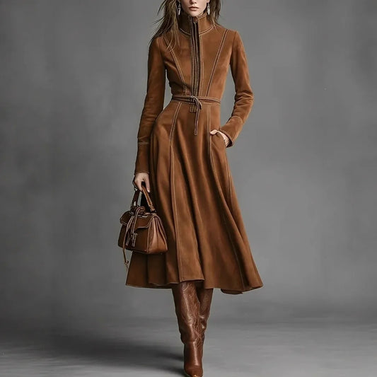 LISANDRA | Vestido Midi de Antelina con Cuello Alto, Cremallera y Cinturón
