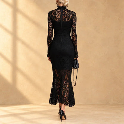 AMAYA | Vestido Midi de Encaje Negro con Cuello Alto y Bajo Sirena