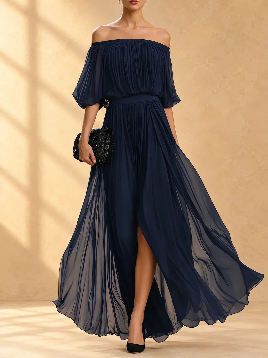 AINOA | Vestido Largo de Gasa con Hombros Descubiertos