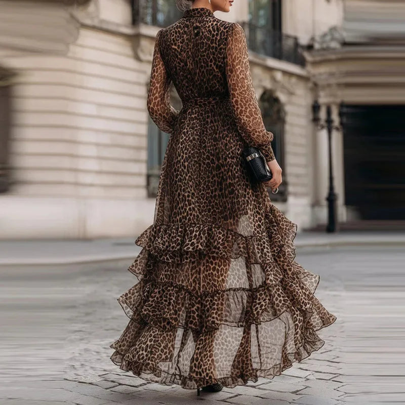 DUNIA | Vestido Largo de Leopardo con Volantes y Manga Larga