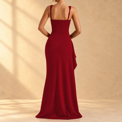 ERIKA | Vestido Largo Ajustado con Abertura y Volante