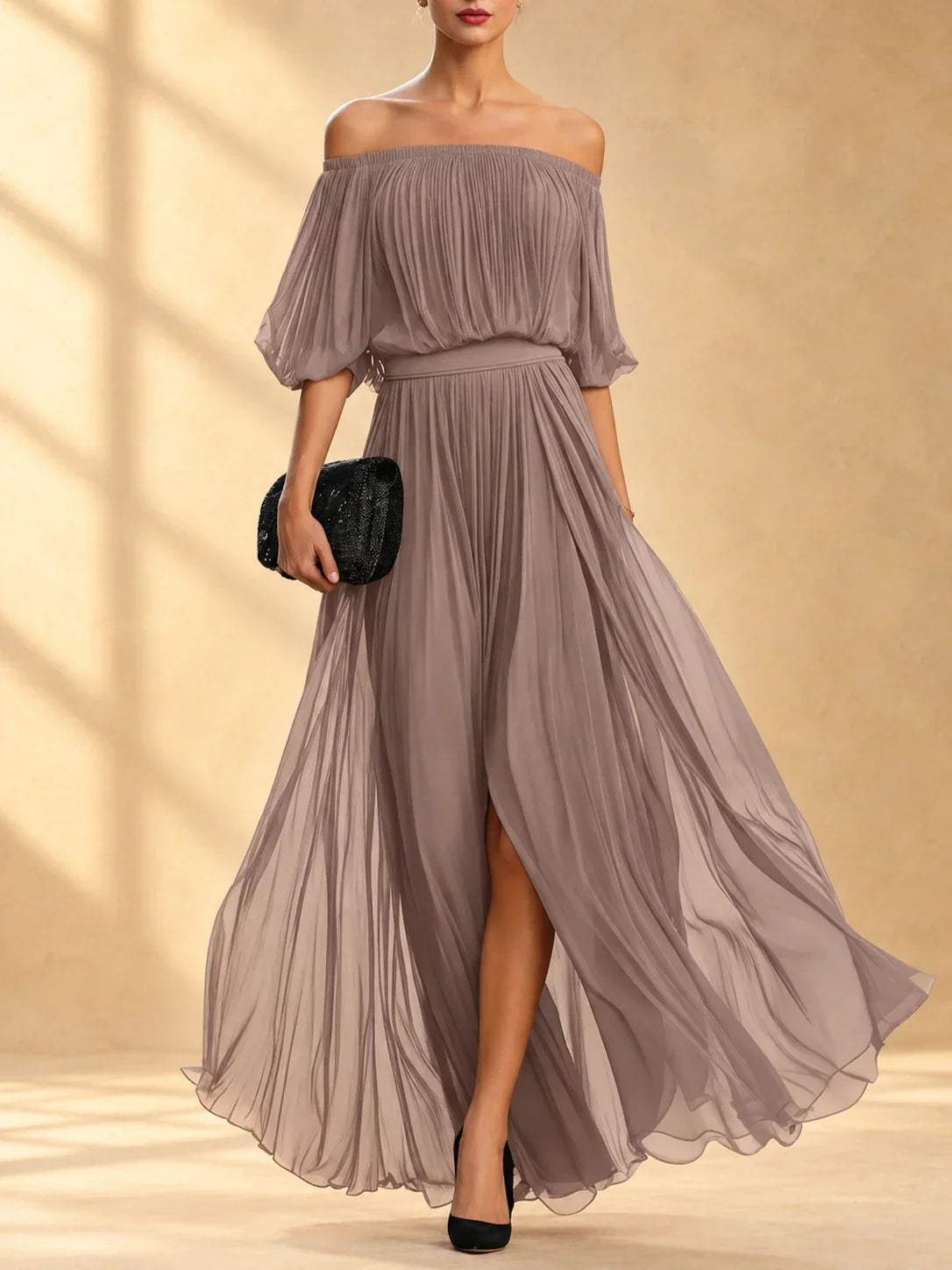 AINOA | Vestido Largo de Gasa con Hombros Descubiertos