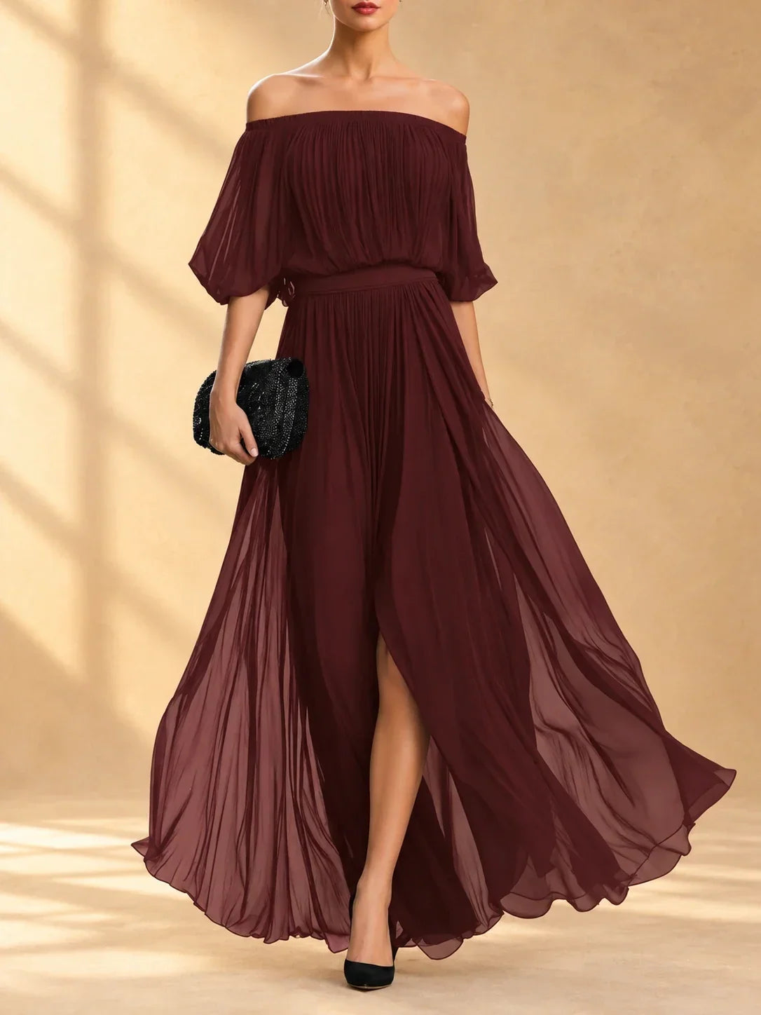 AINOA | Vestido Largo de Gasa con Hombros Descubiertos