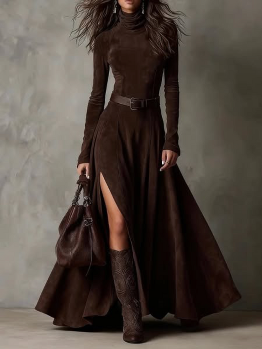 DORA | Vestido Largo de Terciopelo con Cuello Alto y Abertura Frontal