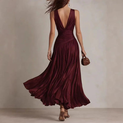 ANSELMA | Vestido Largo Plisado con Escote en V y Espalda Abierta