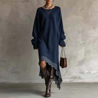 ROMANA | Vestido Largo de Punto con Mangas Abullonadas y Bajo Asimétrico de Encaje
