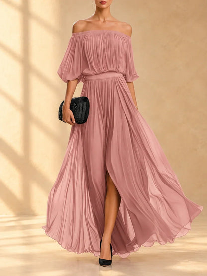 AINOA | Vestido Largo de Gasa con Hombros Descubiertos