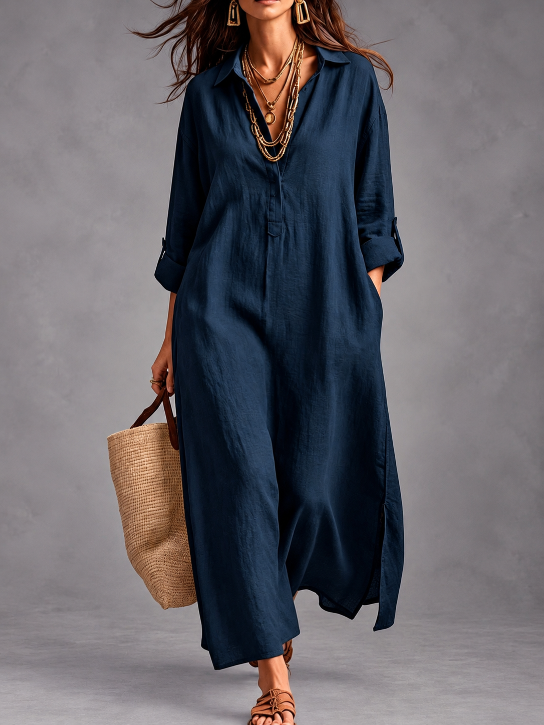 TERESITA | Vestido Camisero Largo con Escote en V y Bolsillos