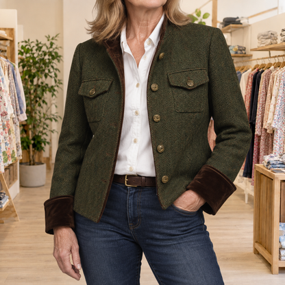 EVELINA | Chaqueta Corta de Tweed de Espiga con Puños de Terciopelo