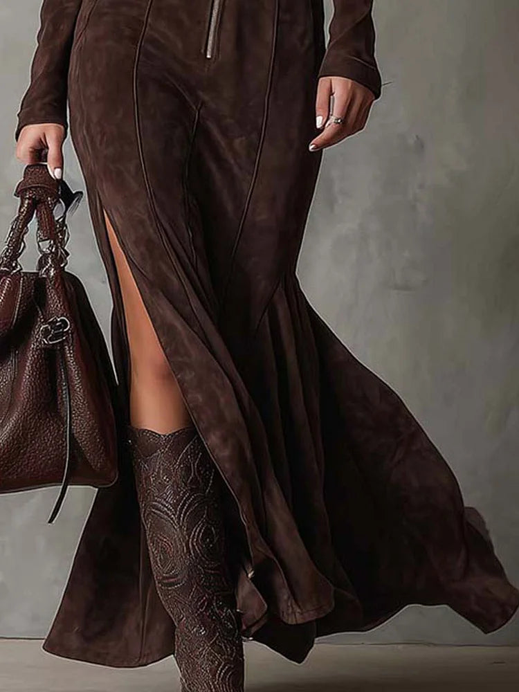 FELICIA | Vestido Largo Efecto Ante con Cinturón y Abertura