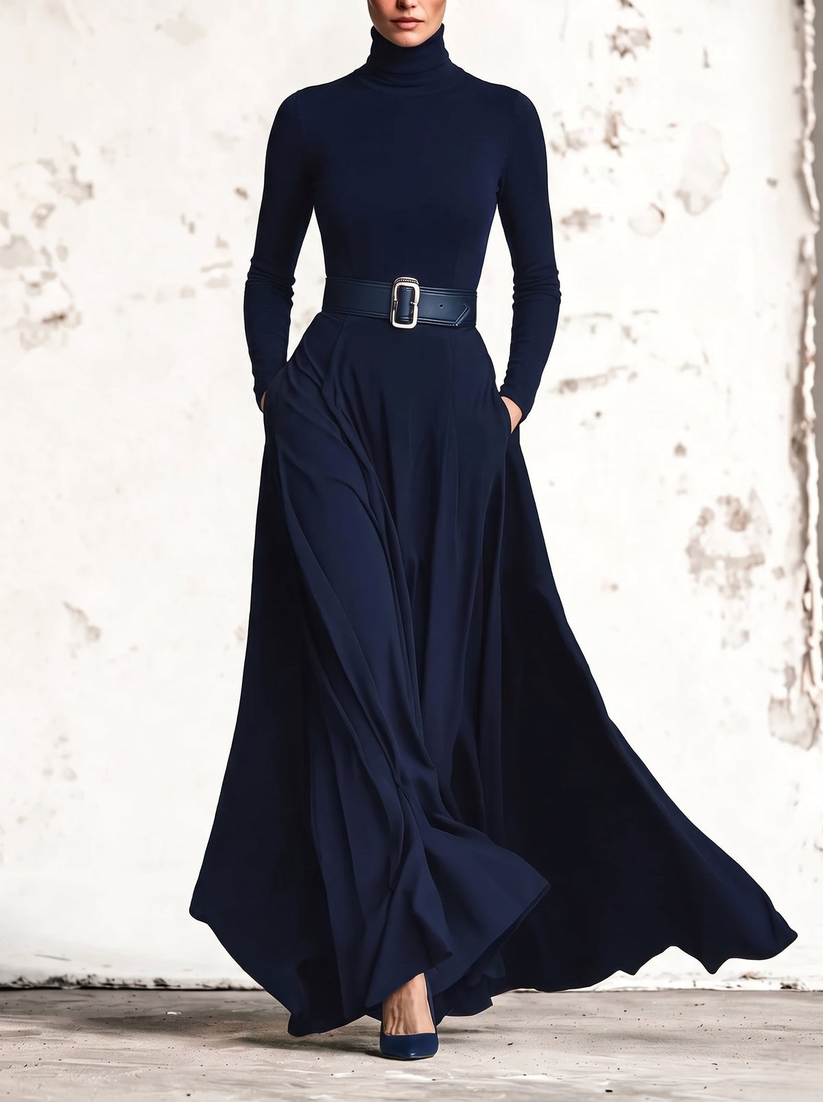 ANA | Vestido Largo de Punto Azul Oscuro con Cuello Alto y Falda Acampanada