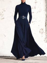 ANA | Vestido Largo de Punto Azul Oscuro con Cuello Alto y Falda Acampanada