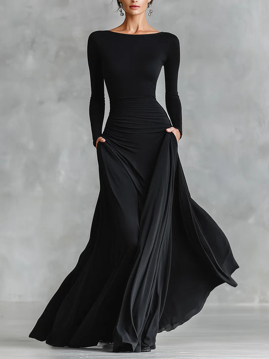 ILUMINADA | Vestido Largo Negro de Crepé con Escote Barco