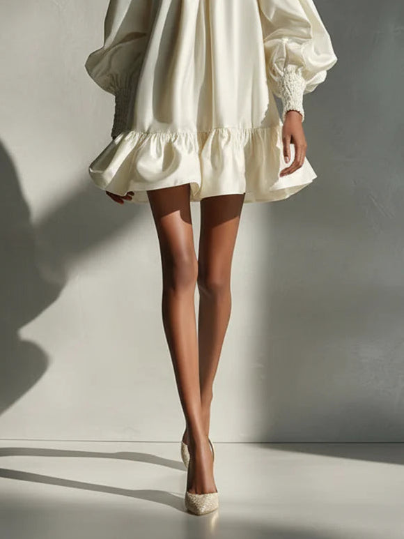 AITZIBER | Minivestido de Satén Beige con Mangas Abullonadas y Volante