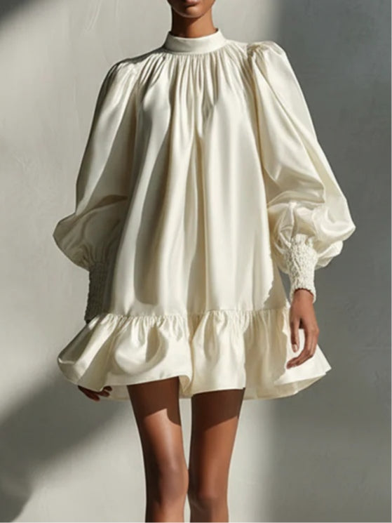 AITZIBER | Minivestido de Satén Beige con Mangas Abullonadas y Volante