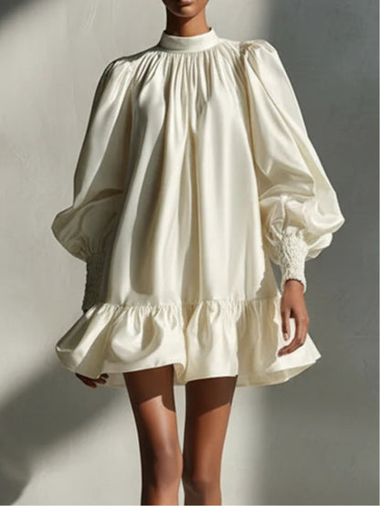 AITZIBER | Minivestido de Satén Beige con Mangas Abullonadas y Volante