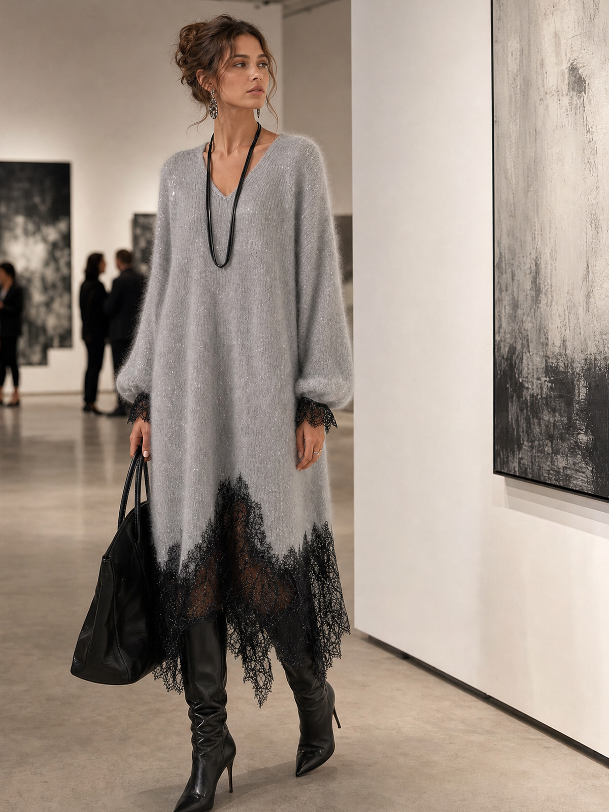 GRISELDA | Vestido Midi de Punto Luminoso con Bajo de Encaje