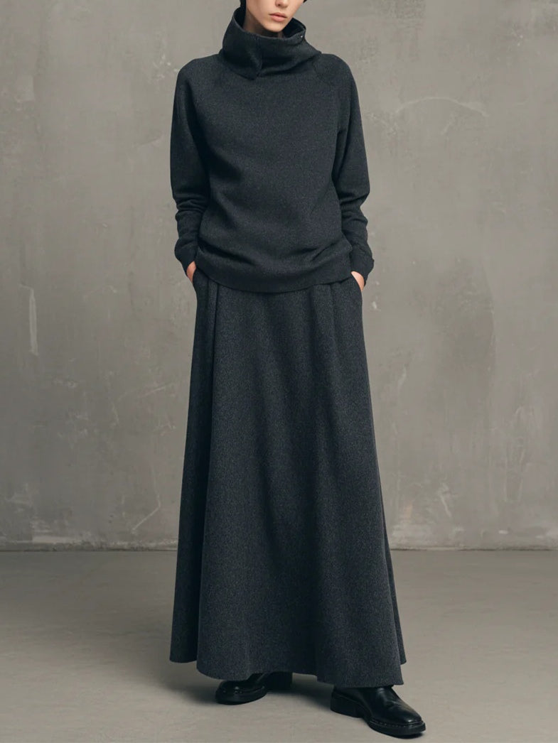 IZASKUN | Conjunto de Top de Cuello Alto y Falda Larga Evasé Gris Antracita