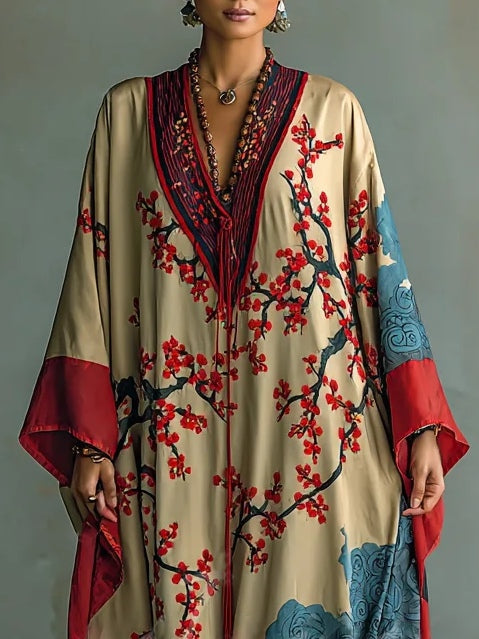 DAMIANA | Vestido Largo Kimono con Mangas Murciélago y Estampado de Flores de Ciruelo