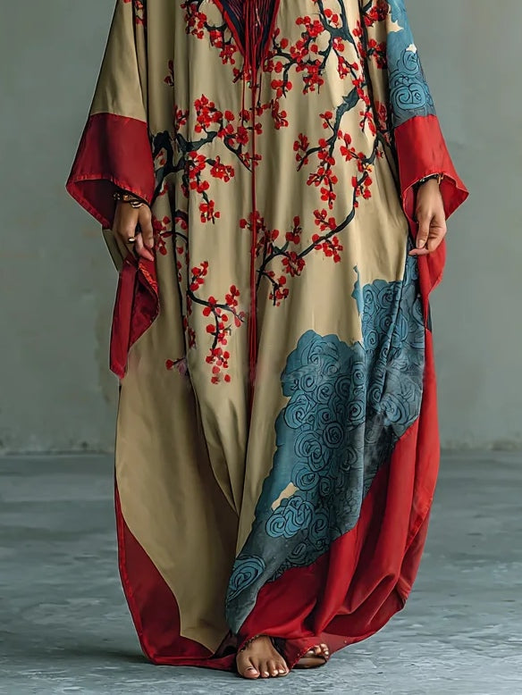 DAMIANA | Vestido Largo Kimono con Mangas Murciélago y Estampado de Flores de Ciruelo