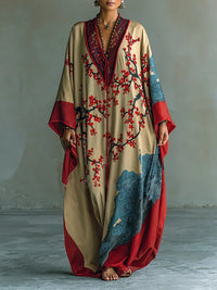 DAMIANA | Vestido Largo Kimono con Mangas Murciélago y Estampado de Flores de Ciruelo