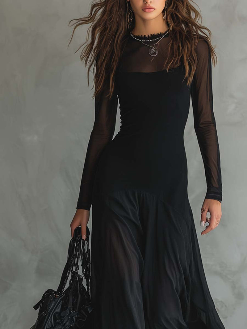 DONATA | Vestido Largo Fluido Negro con Mangas Transparentes
