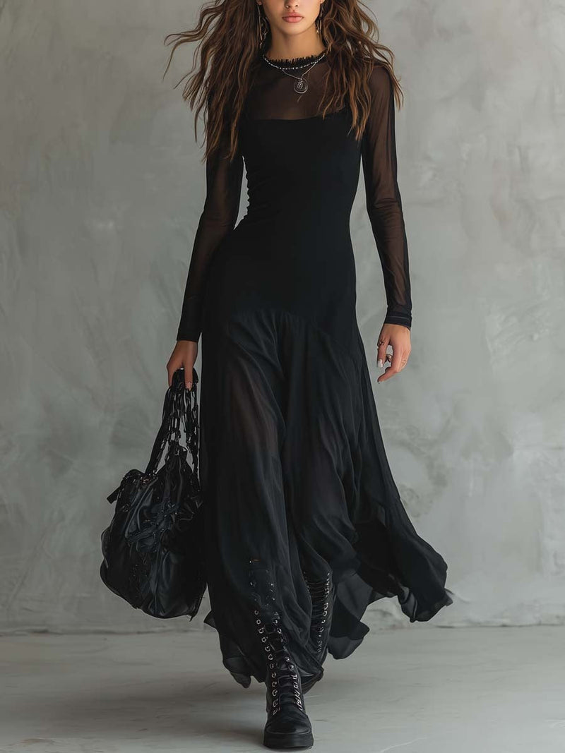 DONATA | Vestido Largo Fluido Negro con Mangas Transparentes