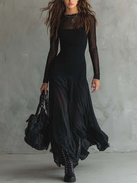 DONATA | Vestido Largo Fluido Negro con Mangas Transparentes