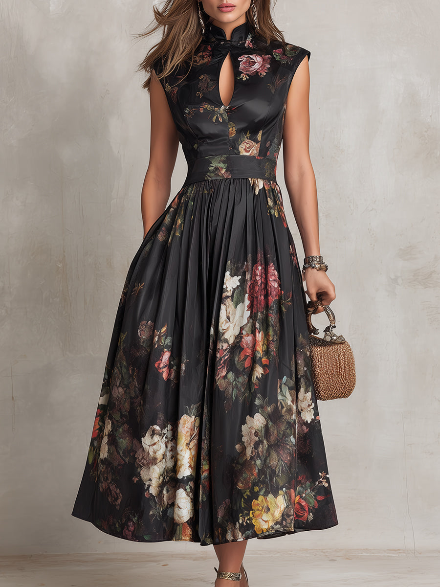 CÁNDIDA | Vestido Midi de Satén de Flores con Escote de Gota y Falda Plisada