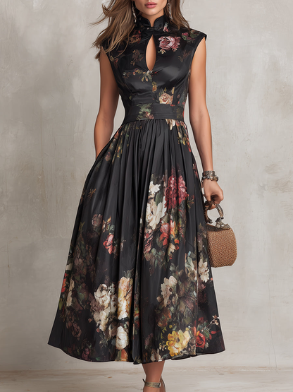 CÁNDIDA | Vestido Midi de Satén de Flores con Escote de Gota y Falda Plisada