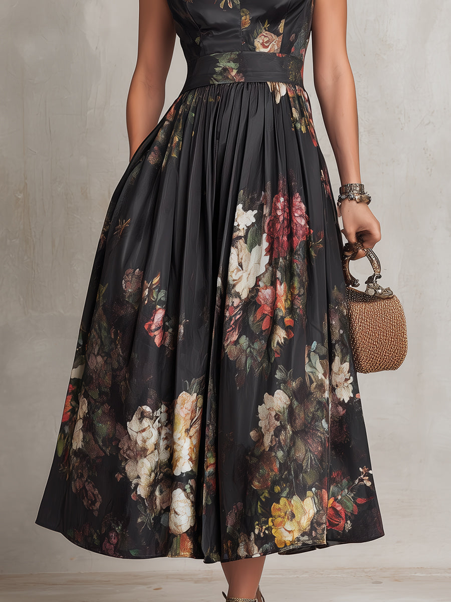CÁNDIDA | Vestido Midi de Satén de Flores con Escote de Gota y Falda Plisada