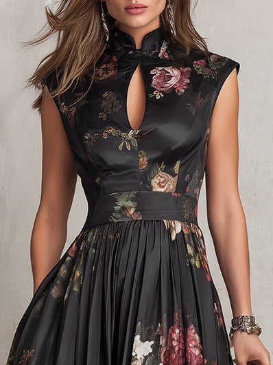 CÁNDIDA | Vestido Midi de Satén de Flores con Escote de Gota y Falda Plisada