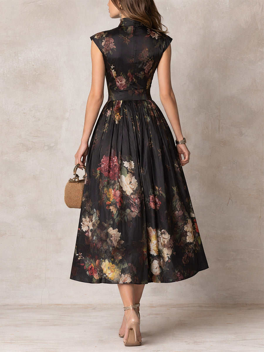 CÁNDIDA | Vestido Midi de Satén de Flores con Escote de Gota y Falda Plisada