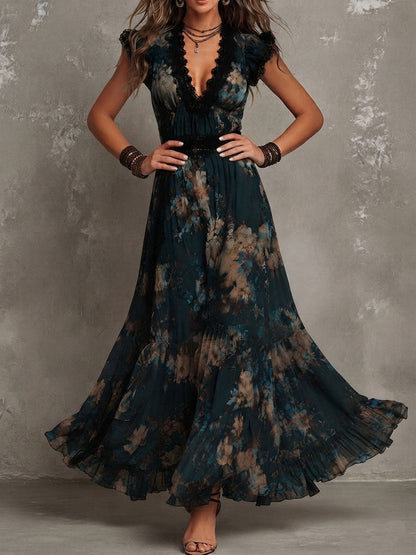 CLEMENTINA | Vestido Largo Vintage de Gasa Verde Oscuro con Encaje Floral