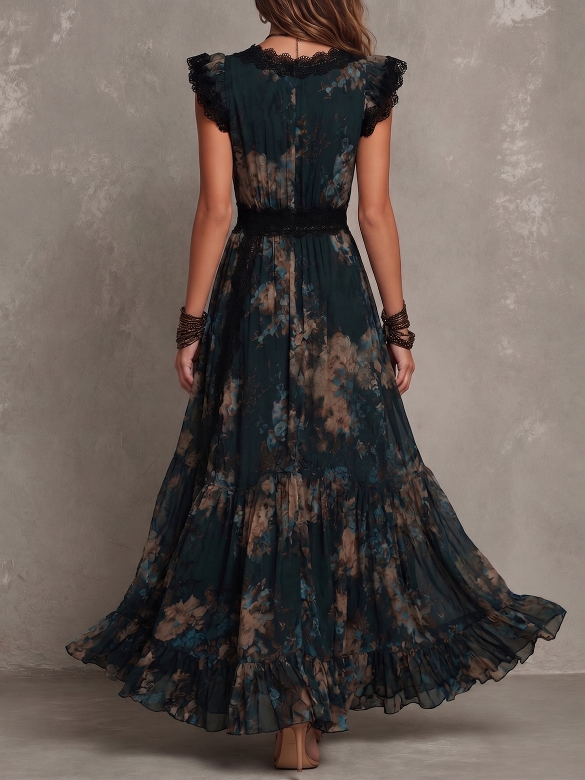 CLEMENTINA | Vestido Largo Vintage de Gasa Verde Oscuro con Encaje Floral