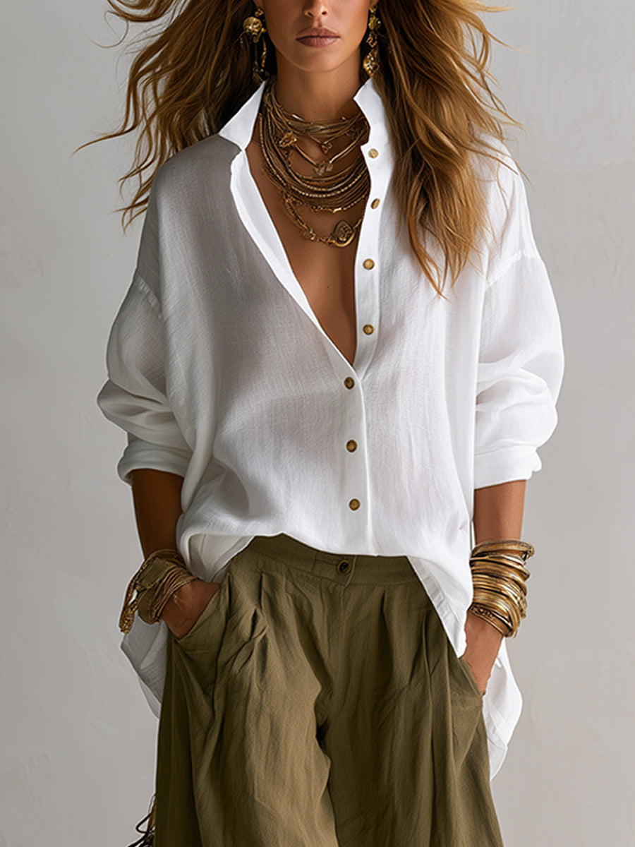 PRISCILA | Camisa Blanca Amplia y Pantalones Farol Verde Oliva