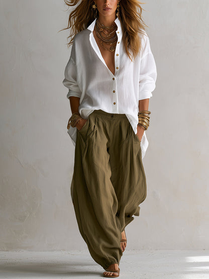 PRISCILA | Camisa Blanca Amplia y Pantalones Farol Verde Oliva