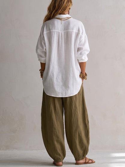 PRISCILA | Camisa Blanca Amplia y Pantalones Farol Verde Oliva